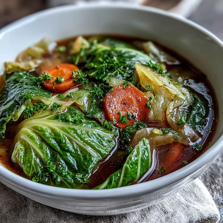 A close-up of a white bowl filled with hearty Classic Cabbage Soup, garnished with fresh parsley and served alongside warm crusty bread.