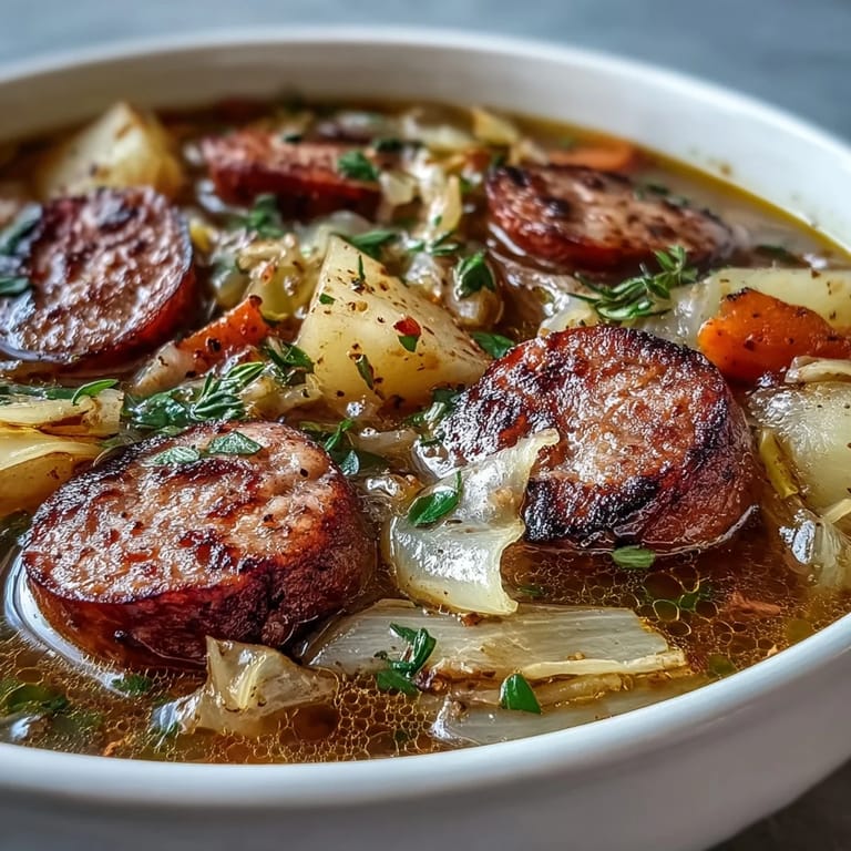 Hearty Sausage, Potato and Cabbage Soup simmered in a large pot, bubbling with tender vegetables and savory broth, perfect for a comforting family dinner.