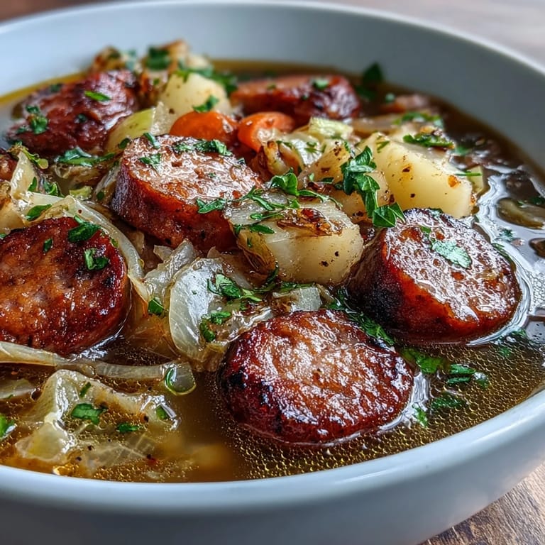 Steaming bowl of Sausage, Potato and Cabbage Soup garnished with fresh parsley and a dollop of sour cream, ready to serve with crusty bread.