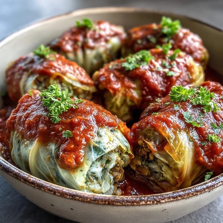 This image shows tender cabbage leaves wrapped around a hearty lentil and brown rice filling, baked in tomato sauce.