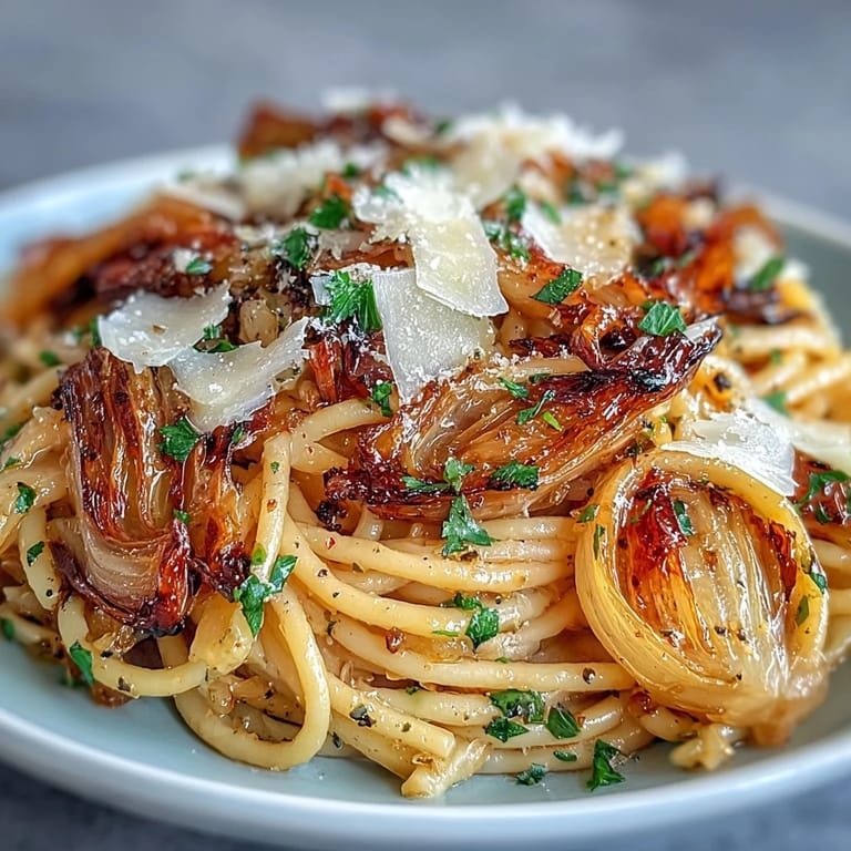 Close-up view of Cabbage Pasta With Garlic and Parmesan in a skillet, highlighting golden-brown cabbage and generous shavings of Parmesan cheese.