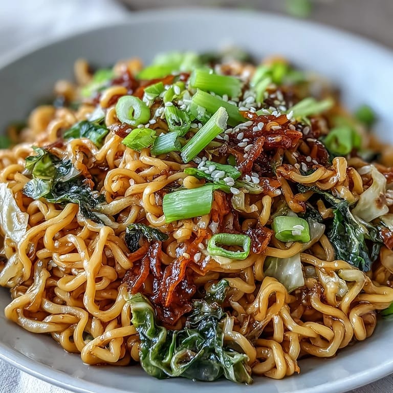 Close-up of plated Asian fusion Fried Cabbage Ramen, highlighting crunchy cabbage texture and chopsticks lifting noodles for a satisfying vegetarian meal.