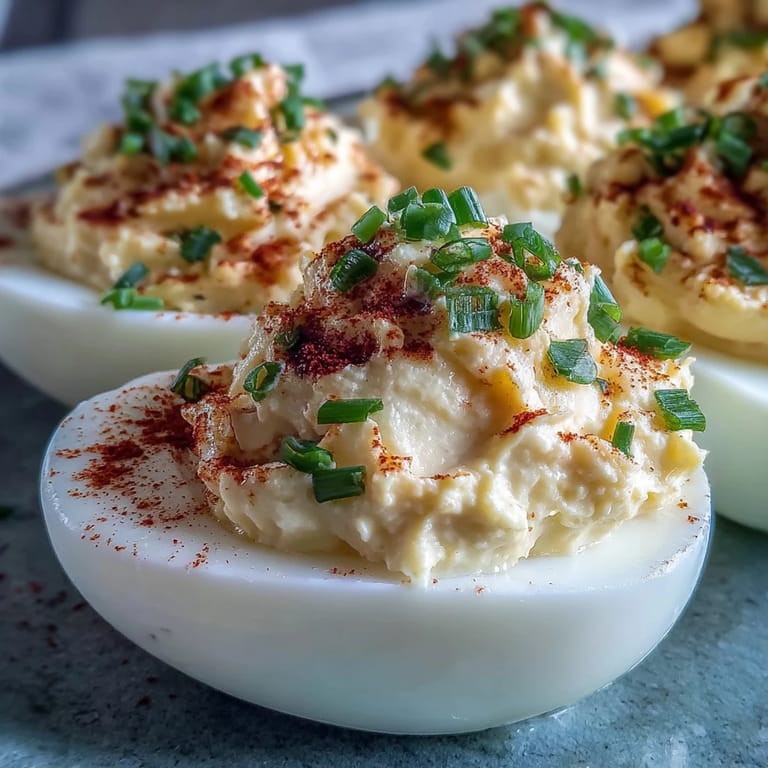 Chilled Million Dollar Deviled Eggs served on a decorative platter, perfect for an easy vegetarian lunch or party.