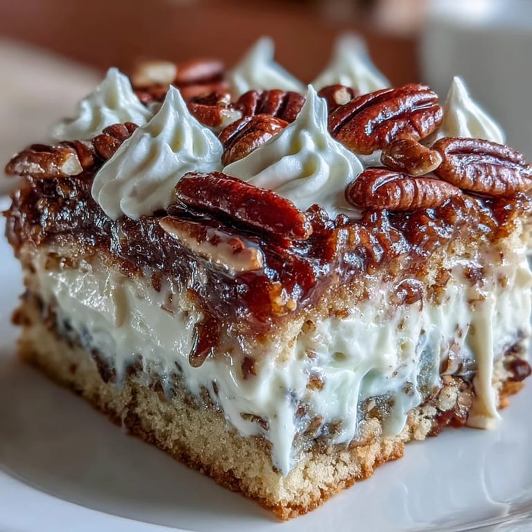 A slice of Butter Pecan Tres Leches Cake soaked in milky mixture, topped with caramelized pecans and fluffy vanilla whipped cream.