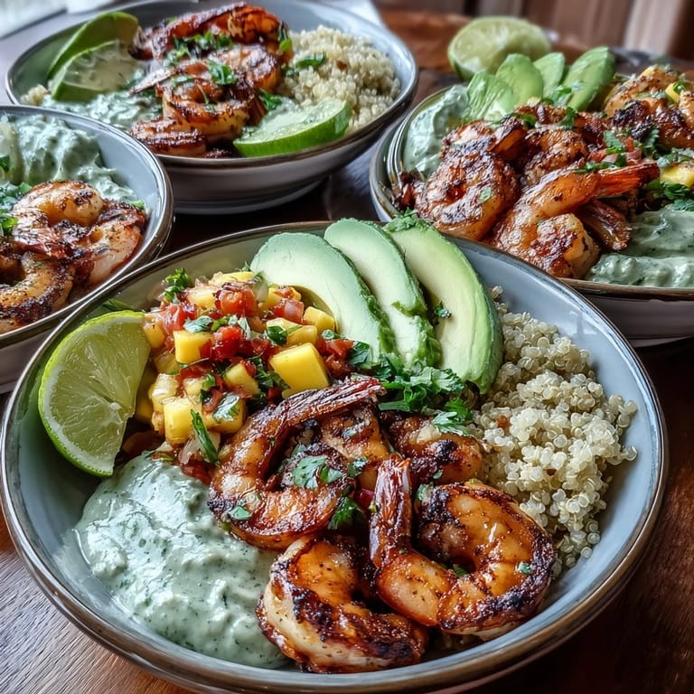 Smoky grilled shrimp atop nutty quinoa and creamy avocado, crowned with spicy mango salsa and lime chili drizzle for a gluten-free dinner.