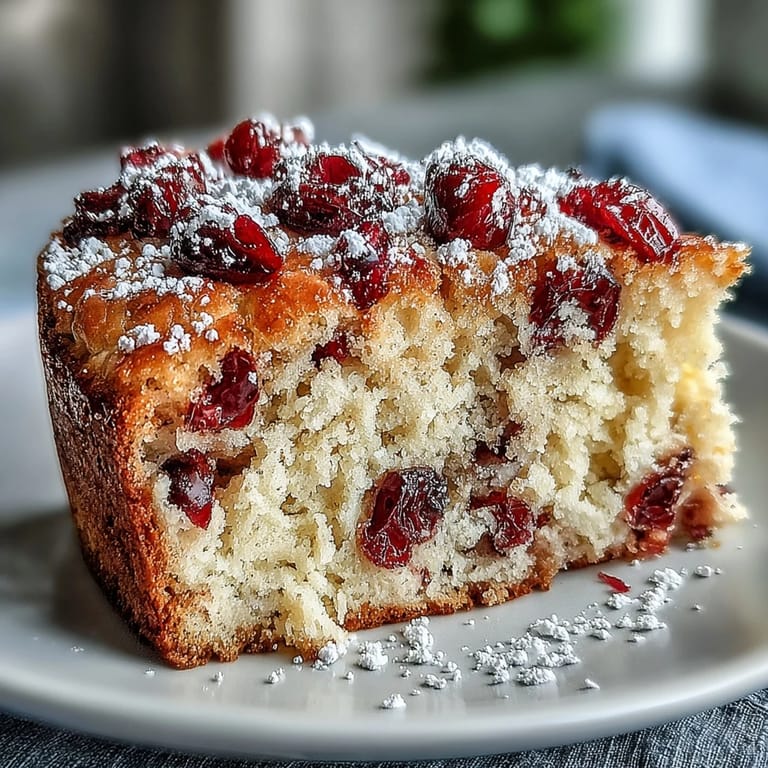 Slice of Cranberry Orange Breakfast Cake on a white plate revealing tender crumb with tart cranberries and bright orange zest.
