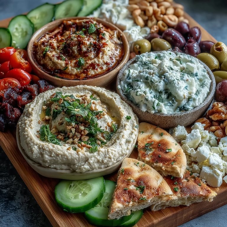 Colorful Mediterranean brunch board featuring smoky baba ganoush, briny olives, nuts, and plenty of dippable flatbreads.