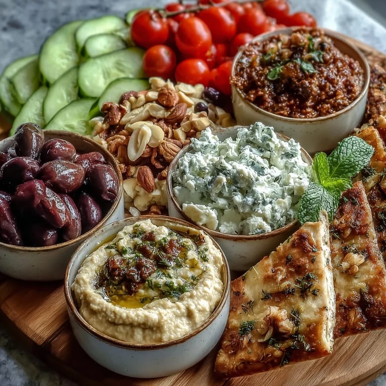 An abundant Mediterranean brunch board with vibrant dips, fresh vegetables, and crumbled feta, ready to share.