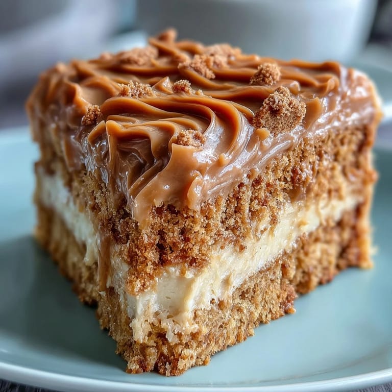 Close-up of Decadent Baked Biscoff Cake with Creamy Lotus Frosting highlighting the fluffy texture and rich caramel drizzle.
