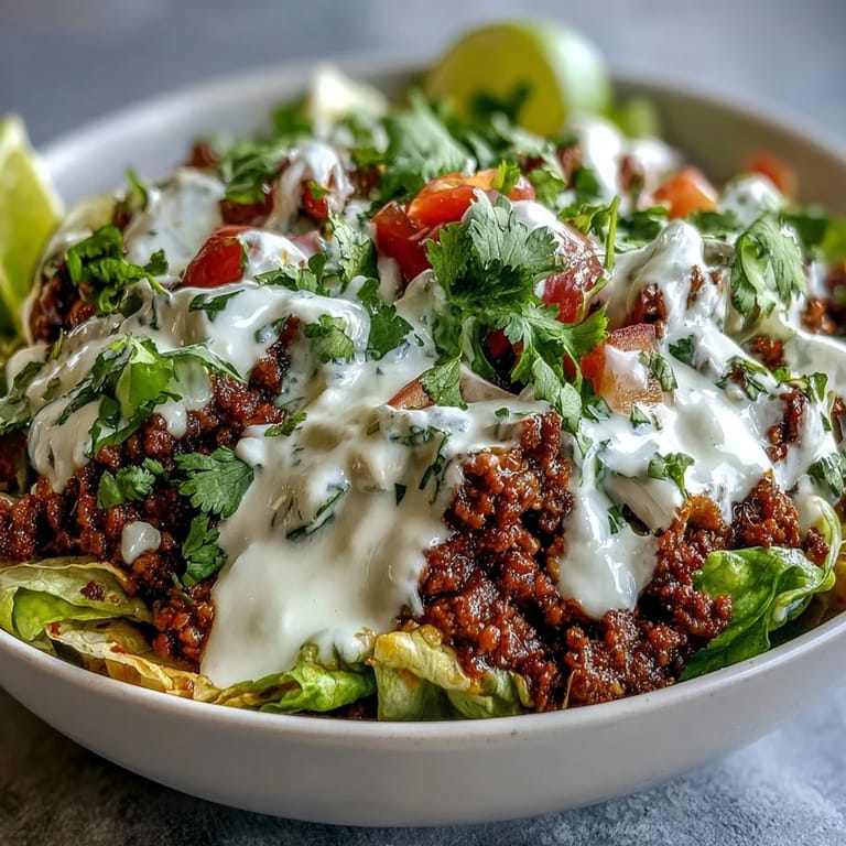 Layers of seasoned beef, chopped romaine, and zesty lime yogurt crema in a colorful Healthy Taco Bowl.
