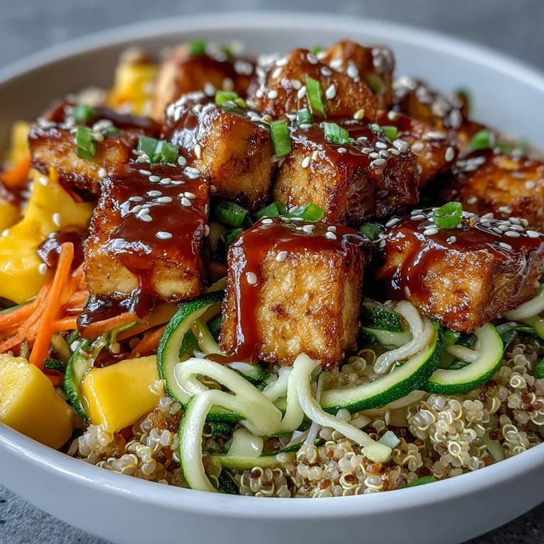 Ripe mango chunks and green onions add a sweet, fresh finish to this healthy easy teriyaki quinoa bowl, served in a white ceramic bowl.