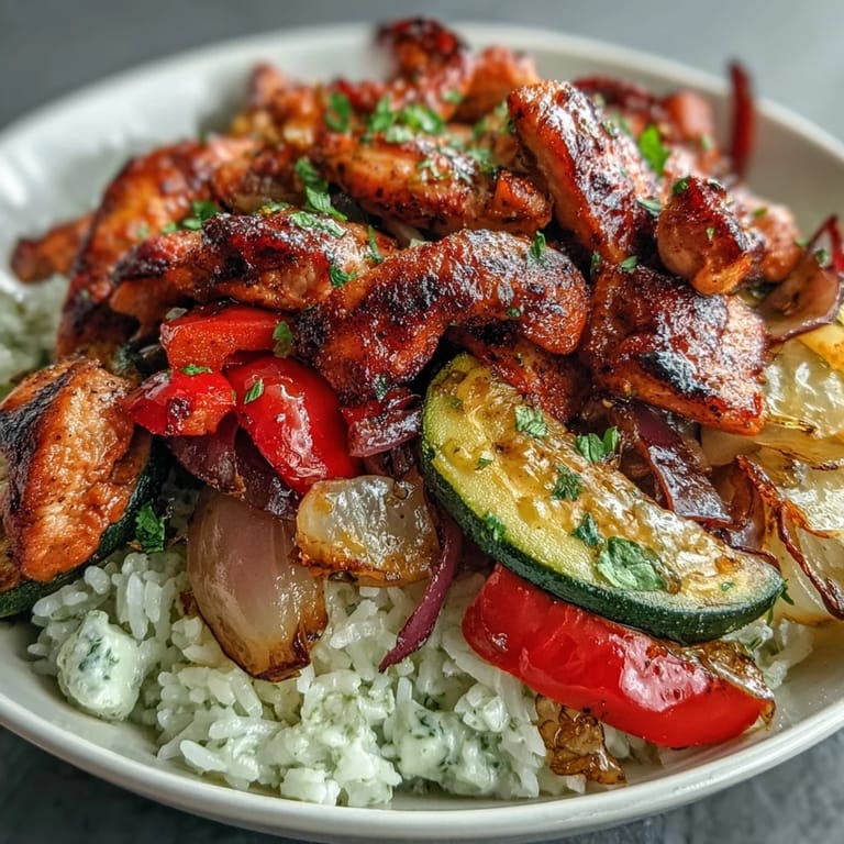 The finished Sheet Pan Fajita Bowl showcases tender chicken, roasted veggies, and lime wedges, served with optional toppings on the side.