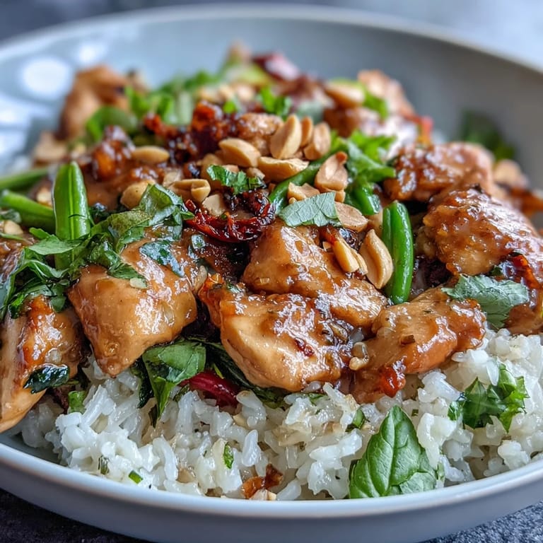 Thai Chicken Coconut Bowl topped with vibrant bell peppers, snap peas, and cilantro, ready to serve for a family dinner.