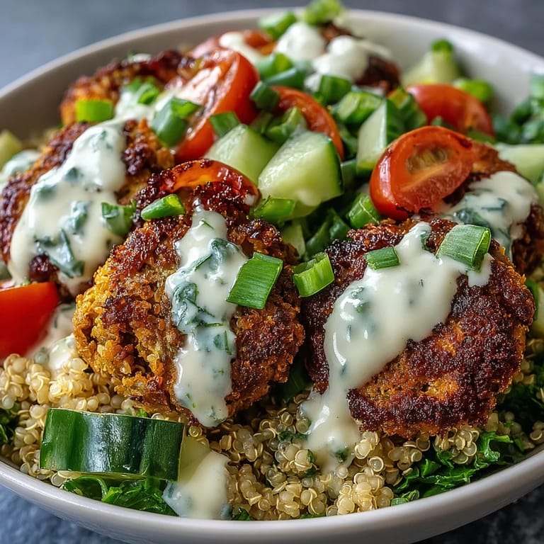 Fresh cucumber and cherry tomatoes add crunch to this colorful Middle Eastern-inspired dish. A bowl of fluffy quinoa, golden falafel, and garlic tahini sauce makes a satisfying meal.