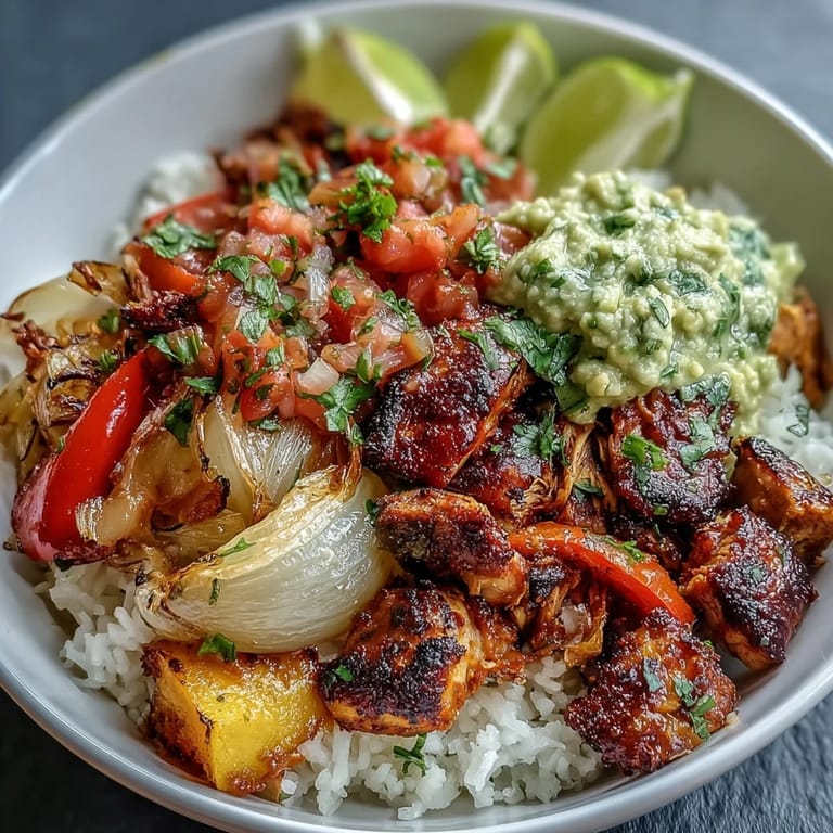 Fluffy white rice serves as the base for this hearty Sheet Pan Chicken Tinga Bowl, loaded with smoky, spice-rubbed chicken and tender roasted vegetables. A generous spoonful of zesty avocado salsa, featuring bright lime and fresh cilantro, sits atop the colorful ingredients. The meal is finished with a sprinkle of extra cilantro and a lime wedge for a citrusy kick.