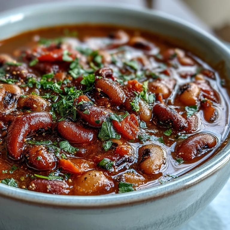 Greek-Style Slow Cooker Black-Eyed Peas simmering in a rich tomato and herb broth with diced carrots.