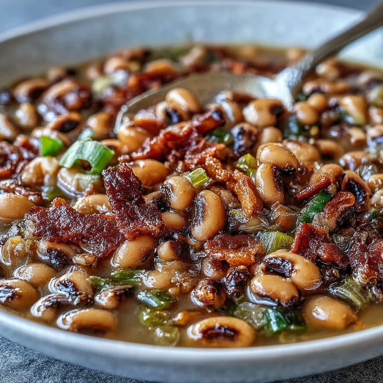 Hearty Texas black-eyed peas cooked in a Dutch oven with bacon, garlic, and chili powder, served steaming hot as a family-style side dish.  