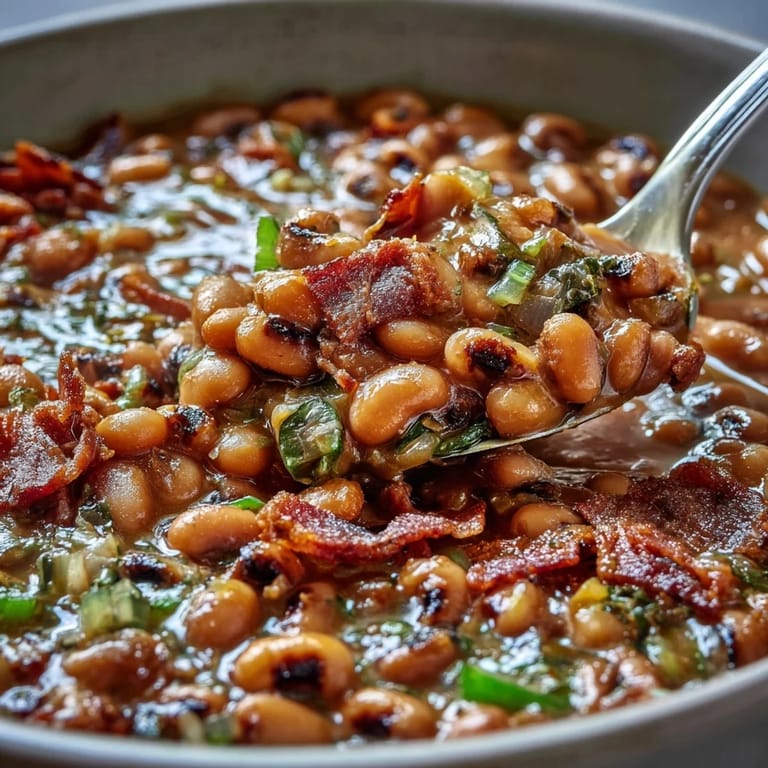 A rustic bowl of Big Pot of Texas Black-Eyed Peas garnished with fresh cilantro and green onions, ready to enjoy with warm cornbread.