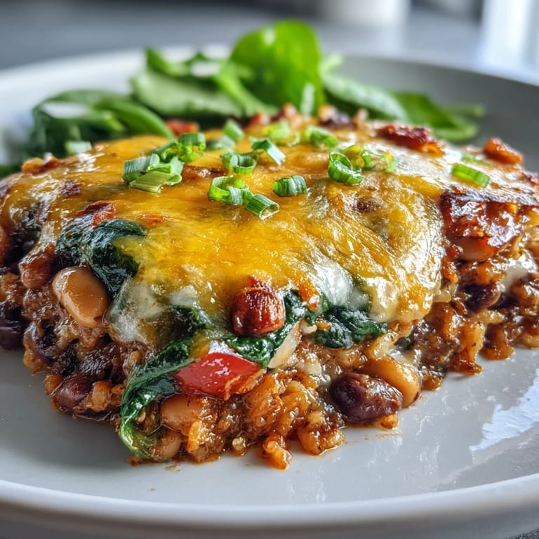 Spoonful of hearty Tex Mex Black Eyed Pea Casserole revealing tender spinach, smoky bacon, and black-eyed peas in the dish.