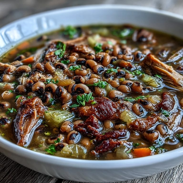 Close-up of tender Black-Eyed Peas With Smoked Turkey ready to serve.