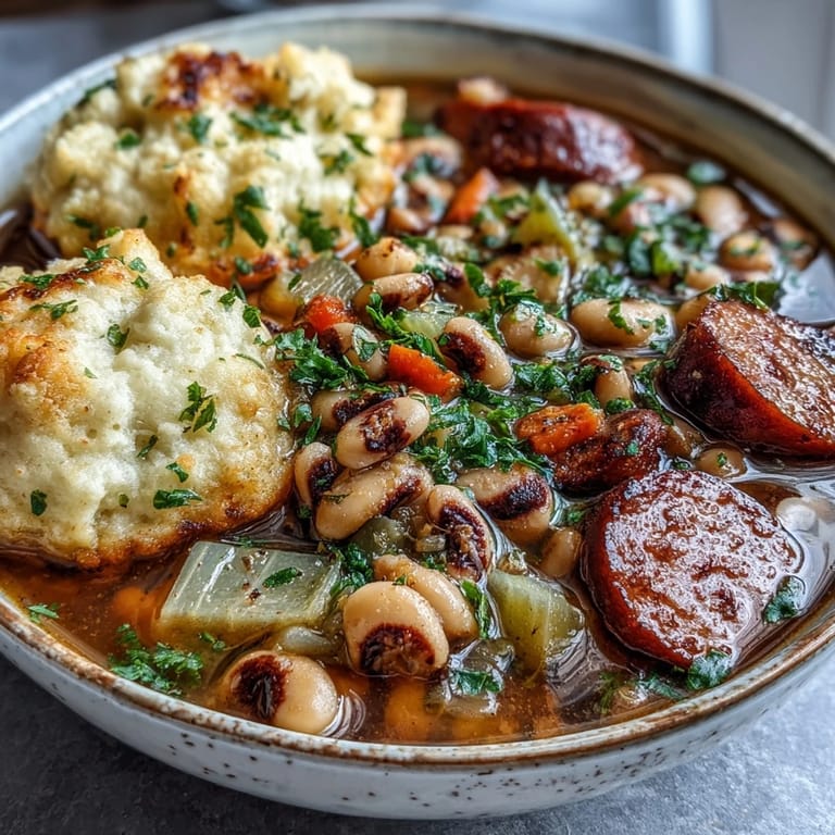 Serving of Black-Eyed Peas and Sausage Dumplings in a ceramic bowl, garnished with fresh parsley and steam rising invitingly.