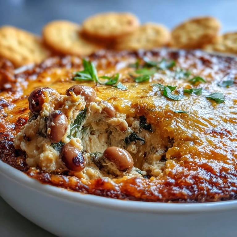 Creamy and spicy Hot Black-Eyed Pea Dip garnished with diced red bell peppers and pickled jalapeños, ready to serve.