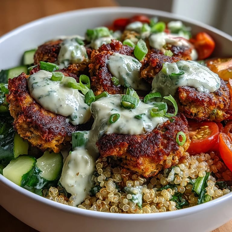 Crisp baked falafel and vibrant vegetables create a healthy lunch. This Falafel Quinoa Salad Bowl features fluffy grains and a rich, creamy garlic tahini drizzle.