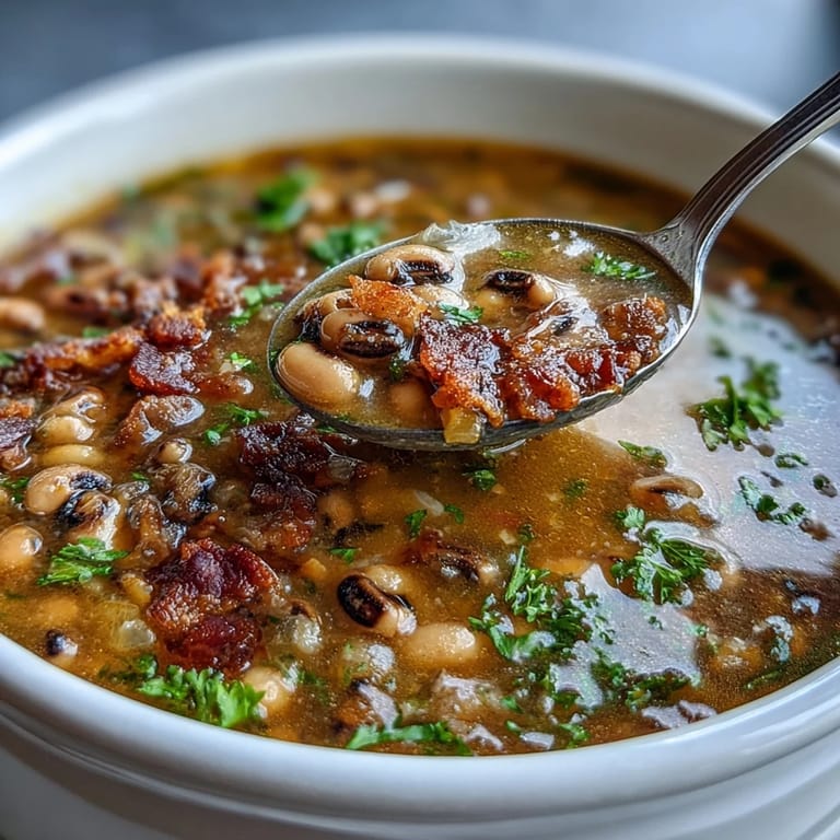 Comforting black-eyed peas and bacon soup with tender legumes, aromatic vegetables, and savory bacon in every spoonful.