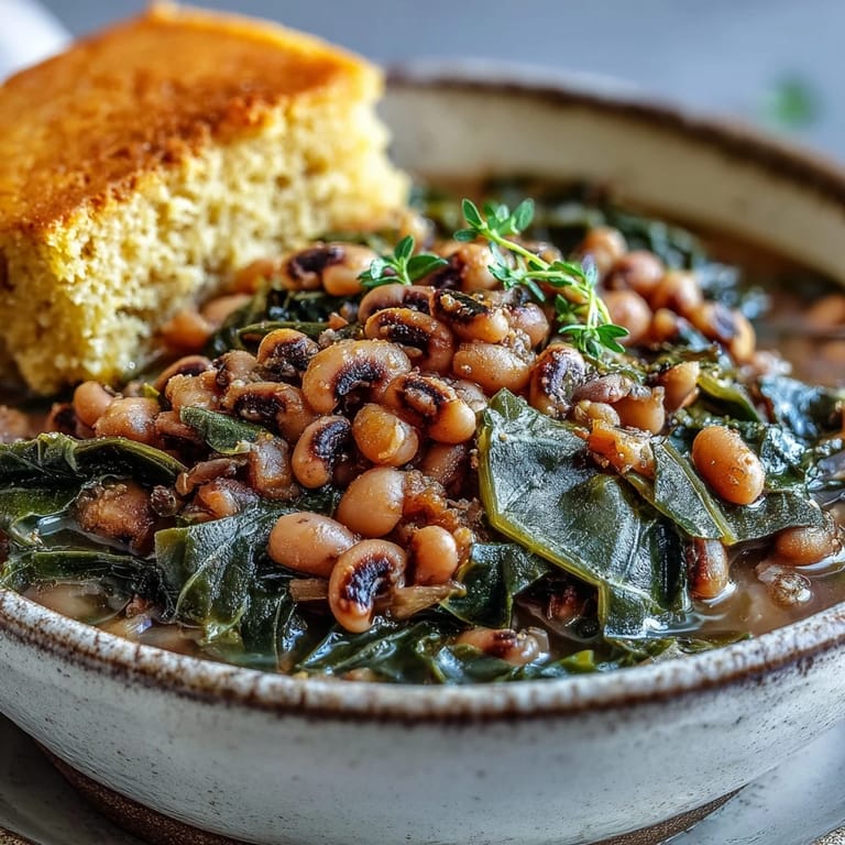 Hearty black-eyed peas simmered with collard greens, aromatic vegetables, and smoked paprika, served with warm cornbread for a lucky New Years tradition.