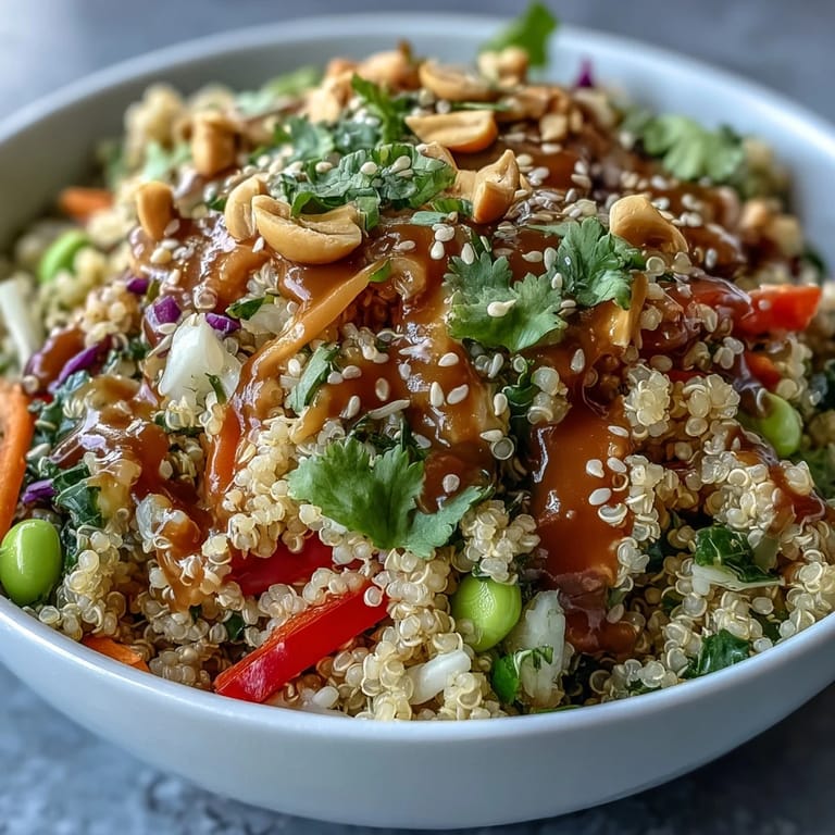Creamy Thai Coconut Quinoa Bowl with crunchy vegetables, protein-rich edamame, and a homemade peanut dressing for a nourishing dish.