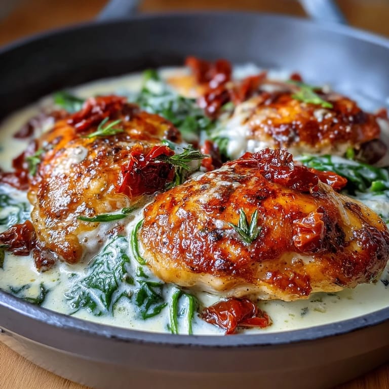 A close-up view of the finished Creamy Tuscan Chicken with a garnish of fresh basil.