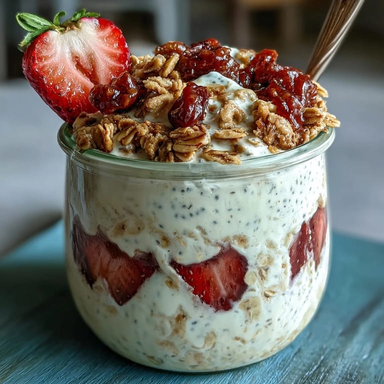 A jar of strawberry overnight oats with chia seeds, topped with fresh berries and granola.