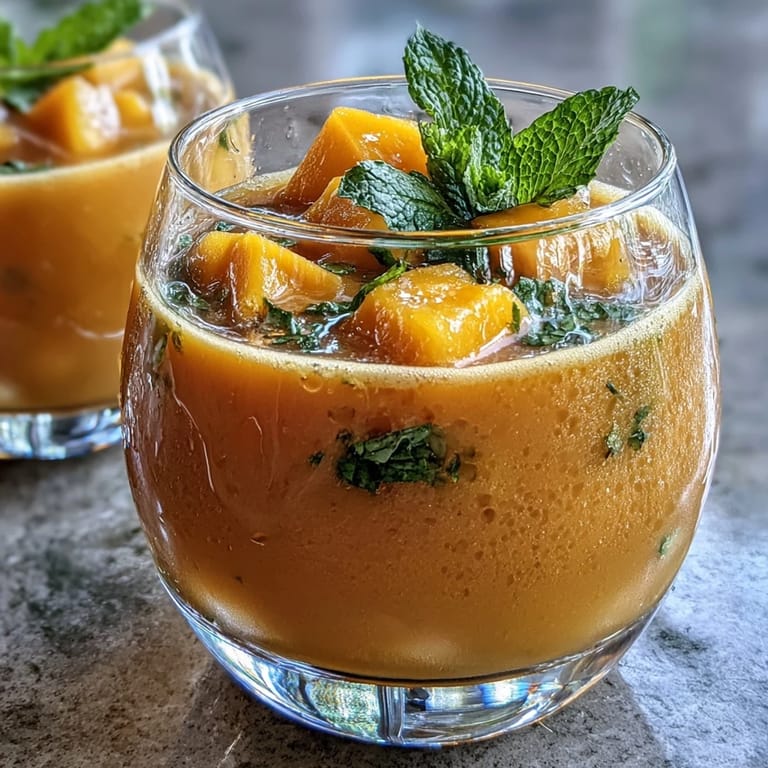 Vibrant, fruity iced tea blending sweet mango and peach with cooling mint for a thirst-quenching beverage.