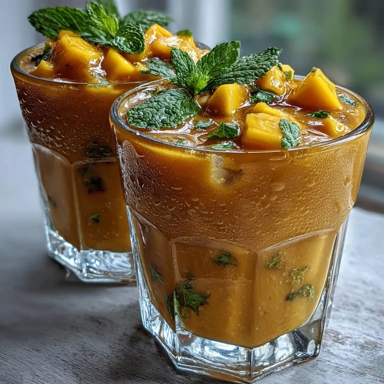 Cold-brewed mango peach tea with mint leaves, served over ice for a refreshing and healthy drink.