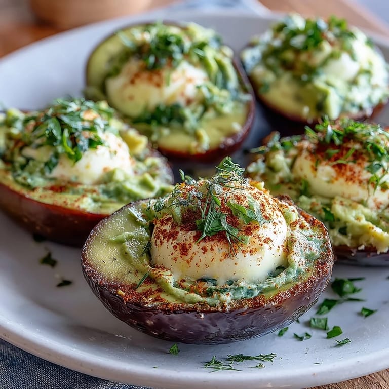 Vibrant deviled eggs filled with avocado and chives, offering a fresh, colorful appetizer for any gathering.
