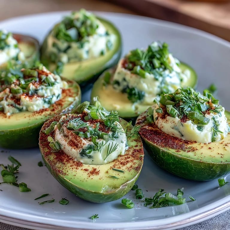 Easy avocado deviled eggs garnished with dill and paprika, ideal for spring celebrations and party platters.