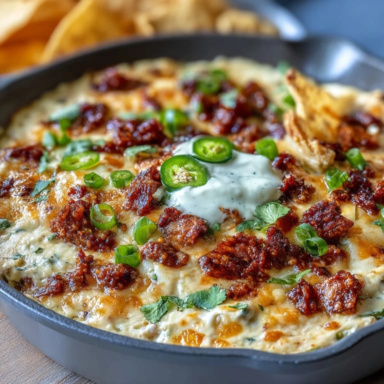 Festive Mexican-American queso dip featuring melted cheddar and Monterey Jack, topped with jalapeños, sour cream, and cilantro.  