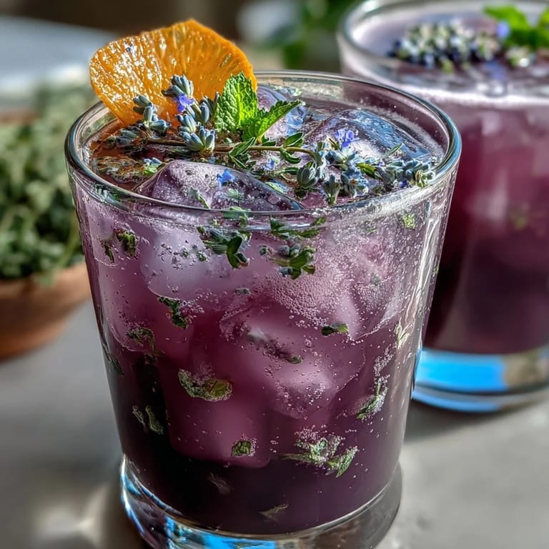 Refreshing iced lavender lemonade with fresh mint, a delicate blend of citrus and floral notes, garnished with lemon slices and mint sprigs.