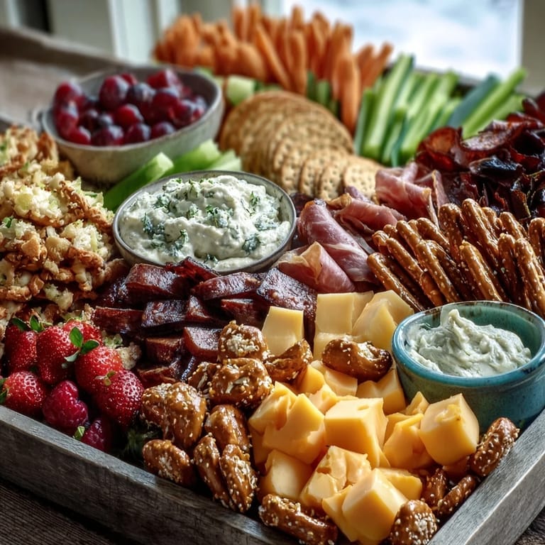 A festive spread of cheese, meats, fruits, and sweets arranged on a party board for grads.