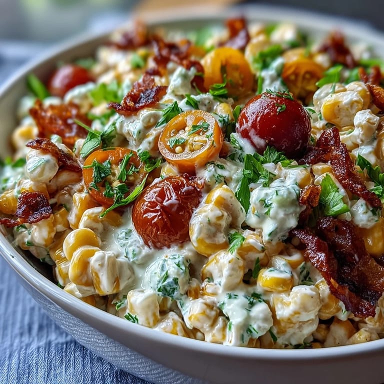 A bowl of Creamy Corn Salad with Jalapeño, featuring juicy tomatoes, crunchy peppers, and fresh herbs.