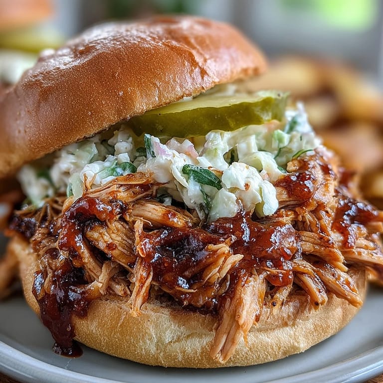 Slow-cooked, tender pulled BBQ chicken piled generously on toasted buns, ready for summer grilling.