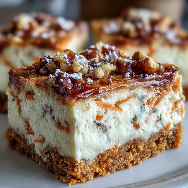 Decadent carrot cake cheesecake bars swirled with creamy topping.