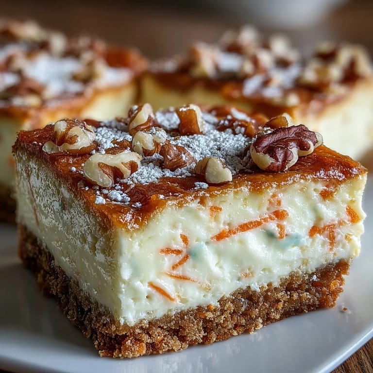 Beautifully baked carrot cake cheesecake bars, a perfect sweet treat.
