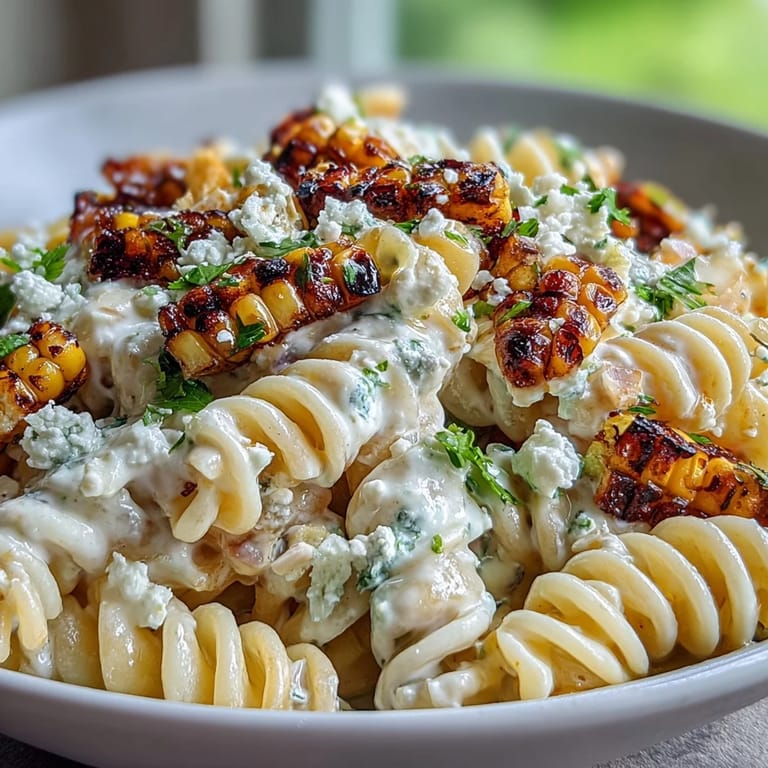 Summer Elote Corn Pasta featuring a zesty lime dressing and salty cotija cheese.