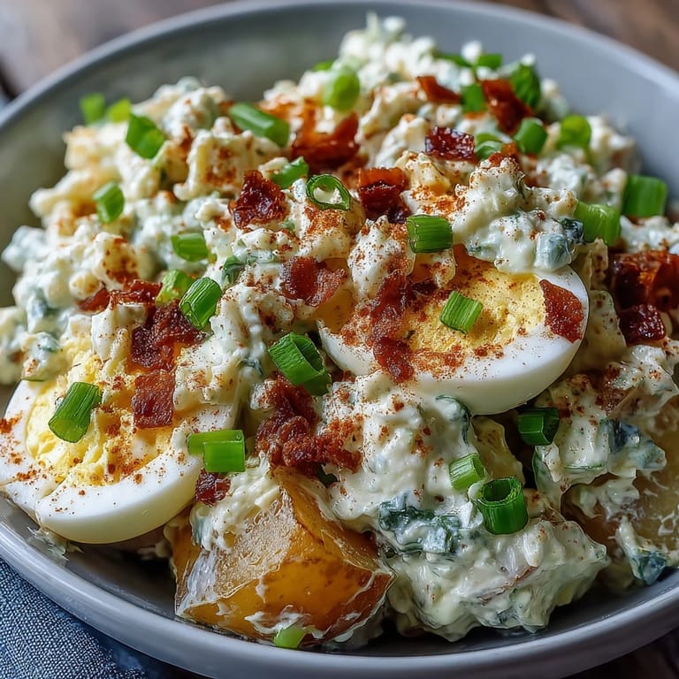 Hearty Classic Deviled Egg Potato Salad featuring tender potatoes and chopped eggs.