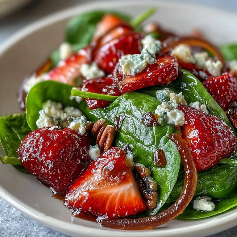 Freshly tossed Spring Strawberry Spinach Salad bursting with juicy strawberries and nutty crunch.