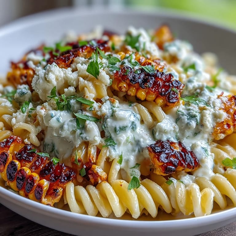 Tender Elote Corn Pasta brimming with charred corn, red pepper, and cheese.