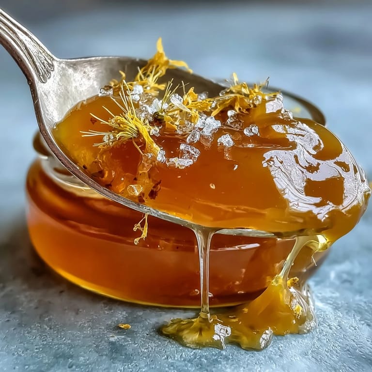 Glossy Dandelion Jelly, glistening with honey and fresh lemon zest.