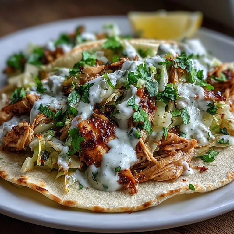 Tender roasted chicken, crunchy marinated cabbage, and smooth lemon crema wrapped in soft tortillas for a vibrant and satisfying taco experience.