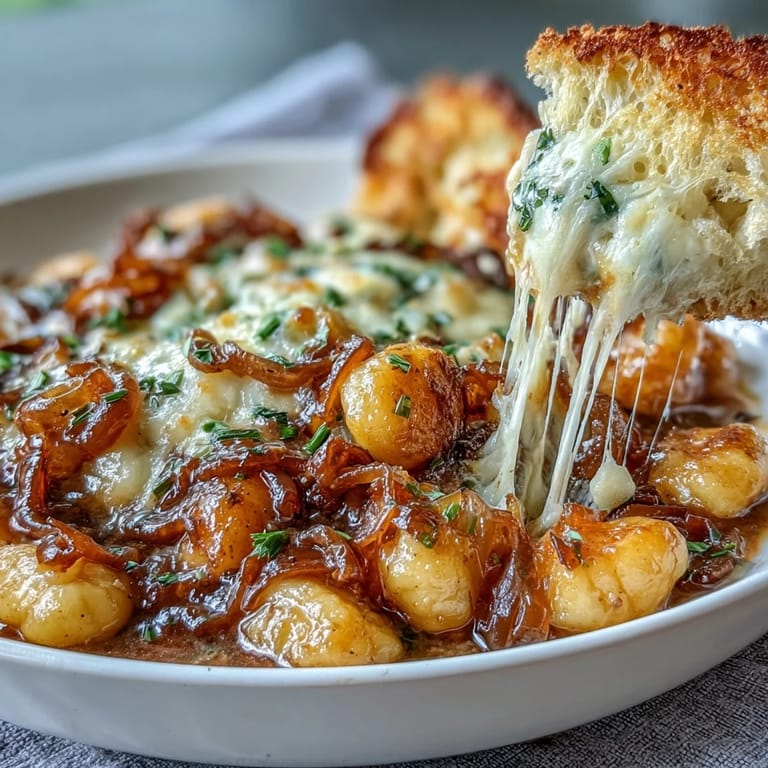 Comforting gnocchi French onion soup featuring rich broth, golden onions, and bubbling cheese topping in an oven-safe crock.